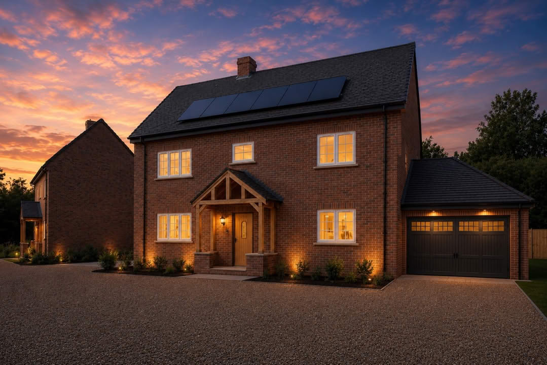 CGI of the completed Oxfordshire development at dusk, brick homes with lit windows